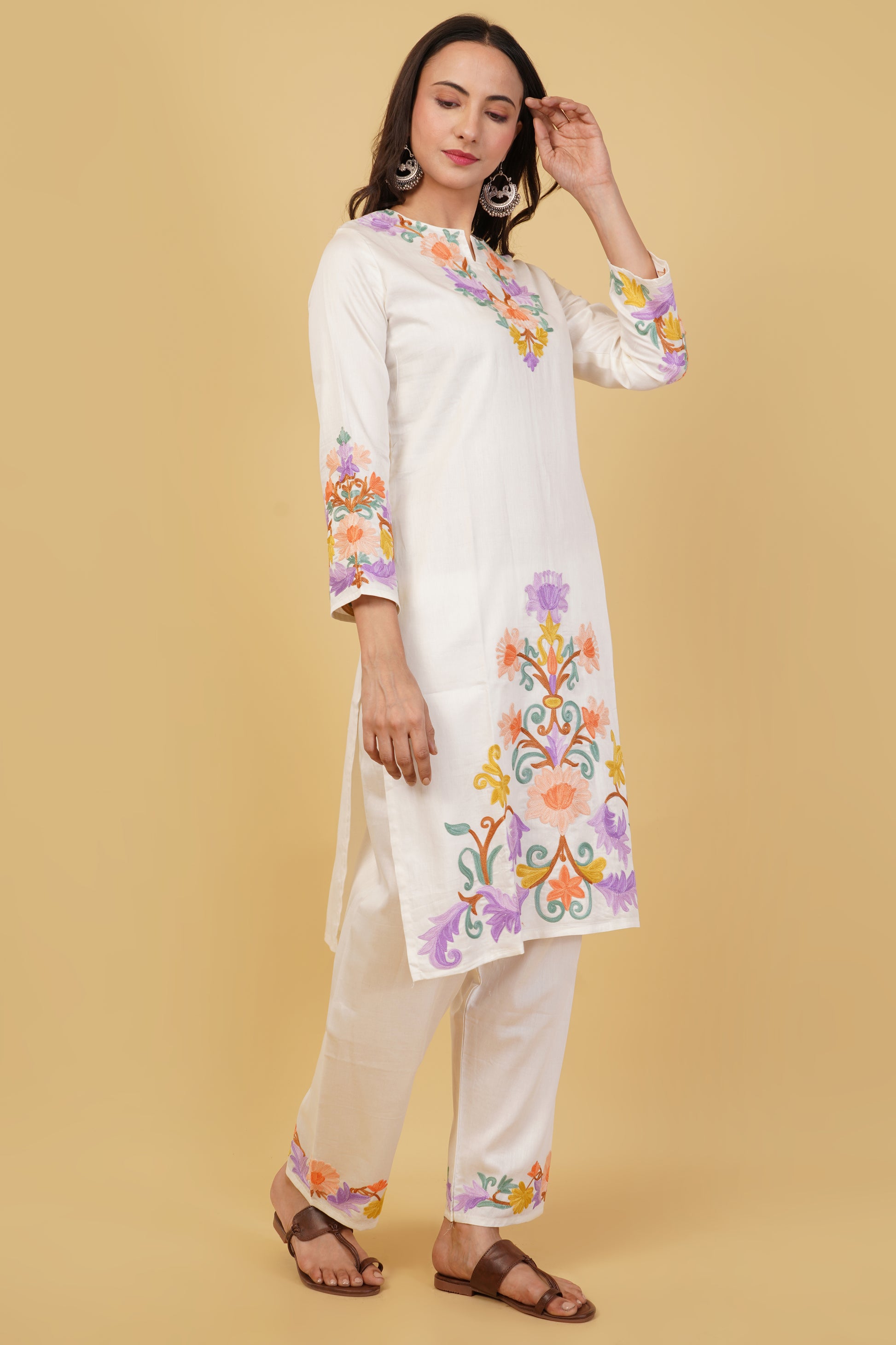 Kashmiri Aari embroidery Jaam Cotton Co-ord set Size-38 (White)