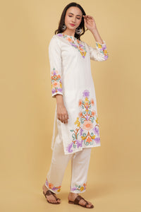 Kashmiri Aari embroidery Jaam Cotton Co-ord set Size-38 (White)