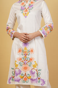 Kashmiri Aari embroidery Jaam Cotton Co-ord set Size-38 (White)
