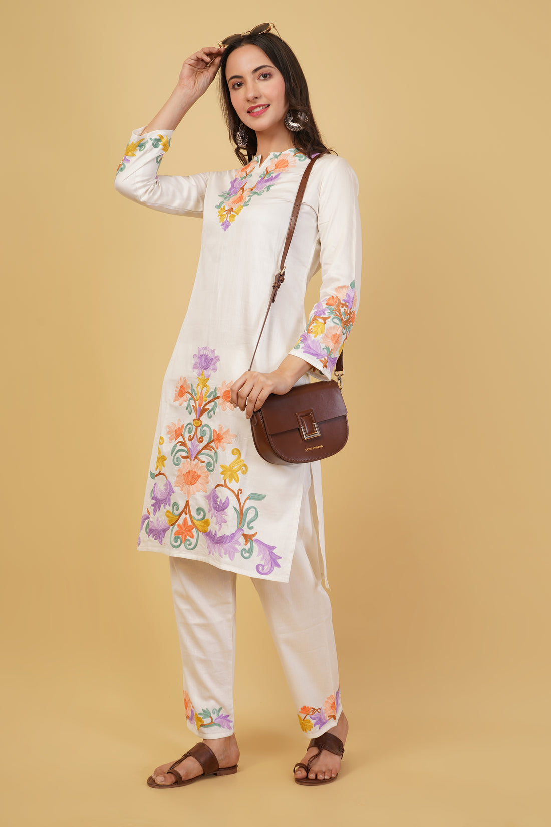 Kashmiri Aari embroidery Jaam Cotton Co-ord set Size-38 (White)