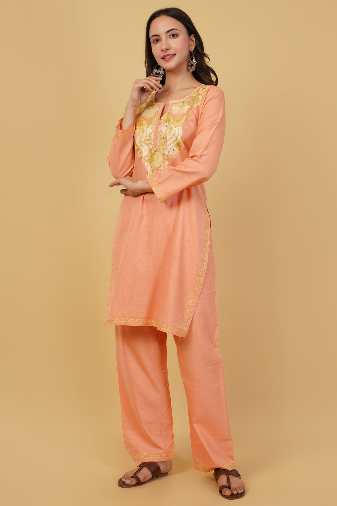 Kashmiri Aari embroidery Cotton Co-ord set Size-38 (Peach)
