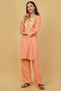 Kashmiri Aari embroidery Cotton Co-ord set Size-38 (Peach)