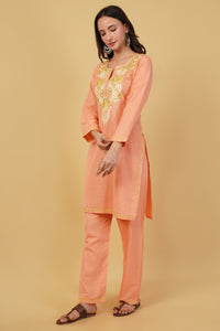 Kashmiri Aari embroidery Cotton Co-ord set Size-38 (Peach)