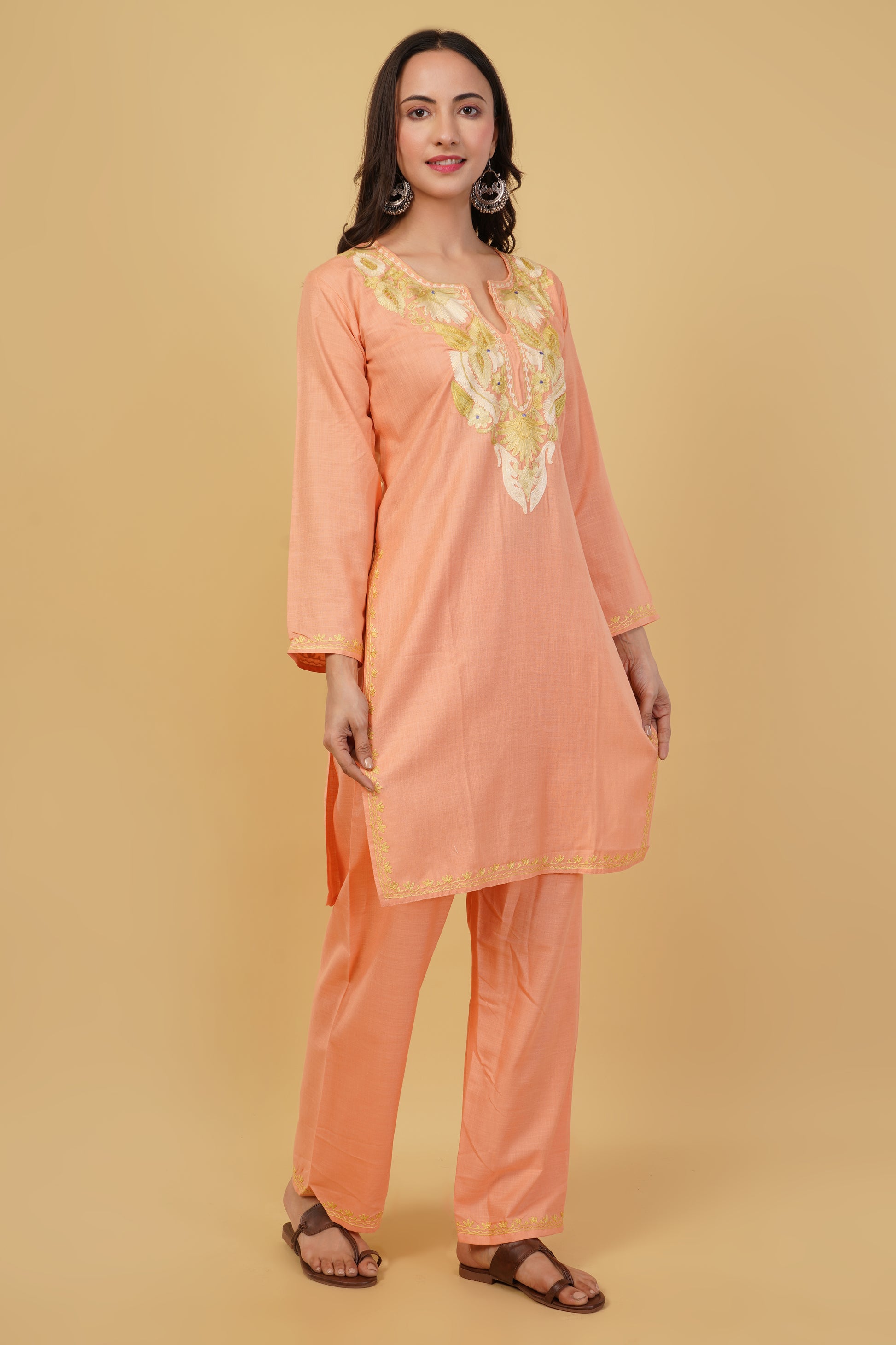 Kashmiri Aari embroidery Cotton Co-ord set Size-38 (Peach)