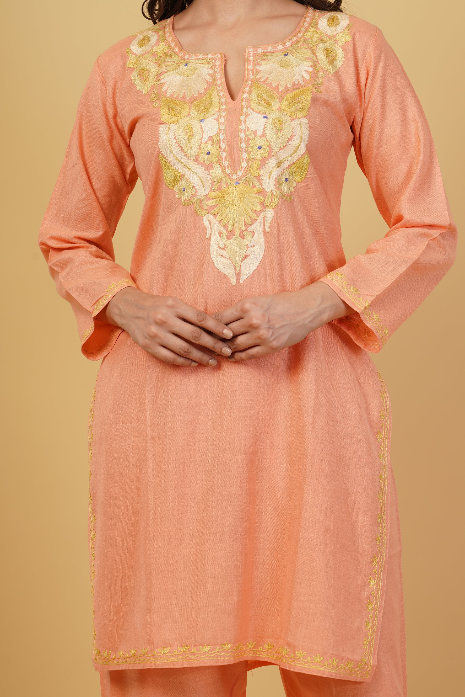 Kashmiri Aari embroidery Cotton Co-ord set Size-38 (Peach)