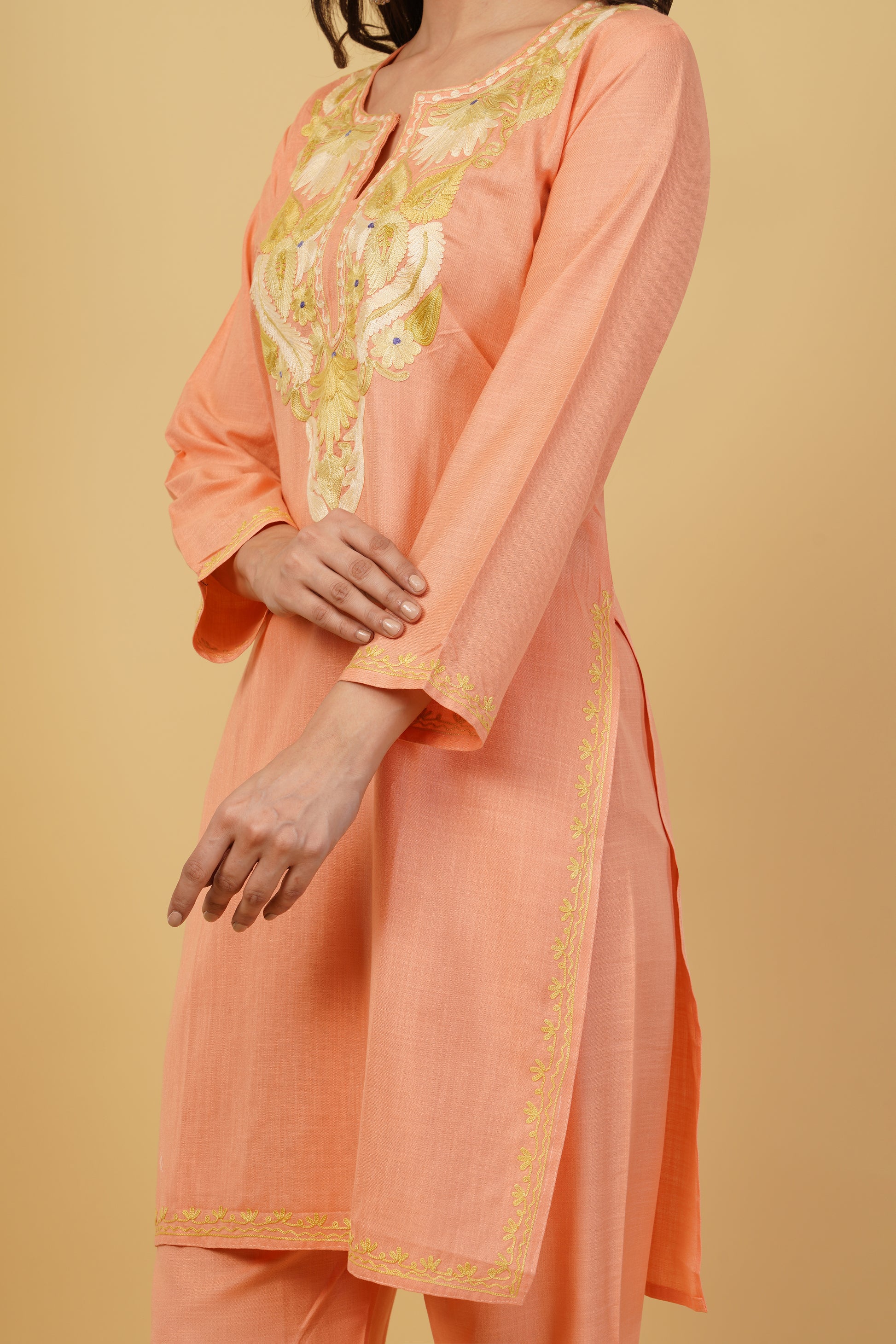 Kashmiri Aari embroidery Cotton Co-ord set Size-38 (Peach)