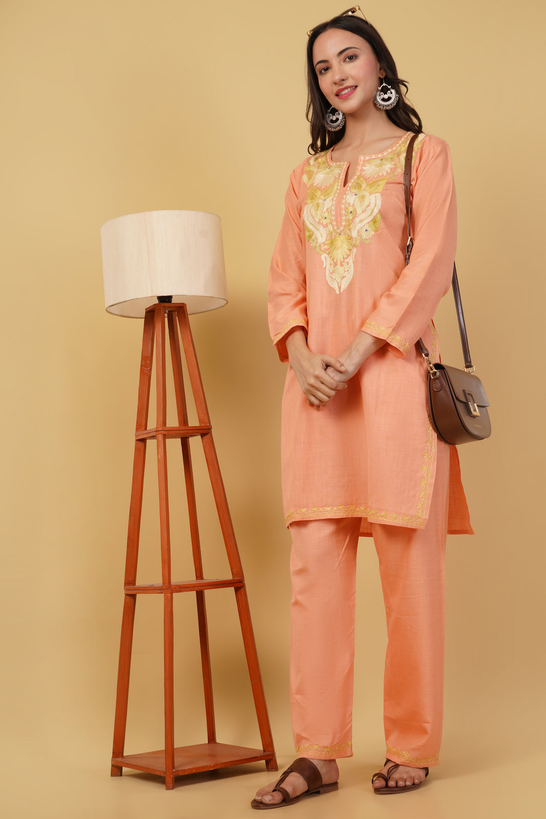 Kashmiri Aari embroidery Cotton Co-ord set Size-38 (Peach)