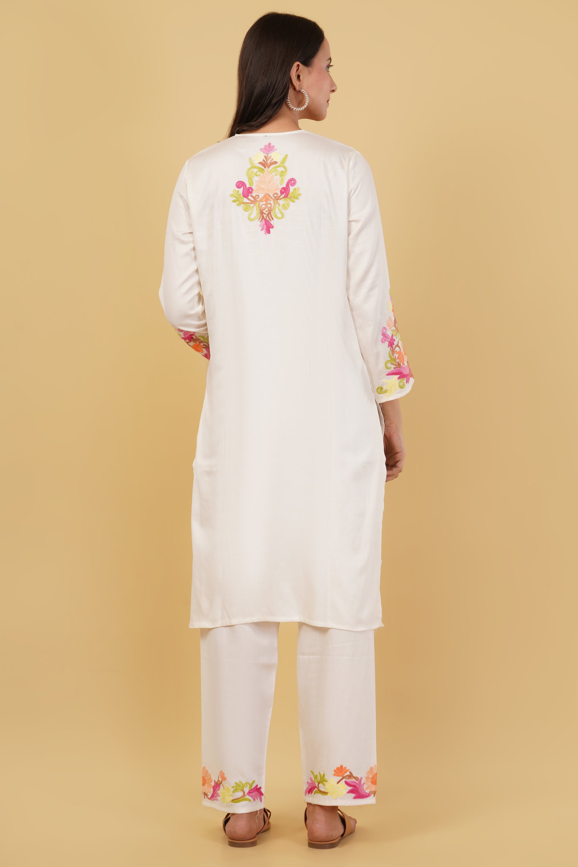 Kashmiri Aari embroidery Jaam Cotton Co-ord set Size-38 (White)