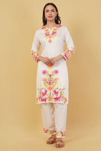 Kashmiri Aari embroidery Jaam Cotton Co-ord set Size-38 (White)