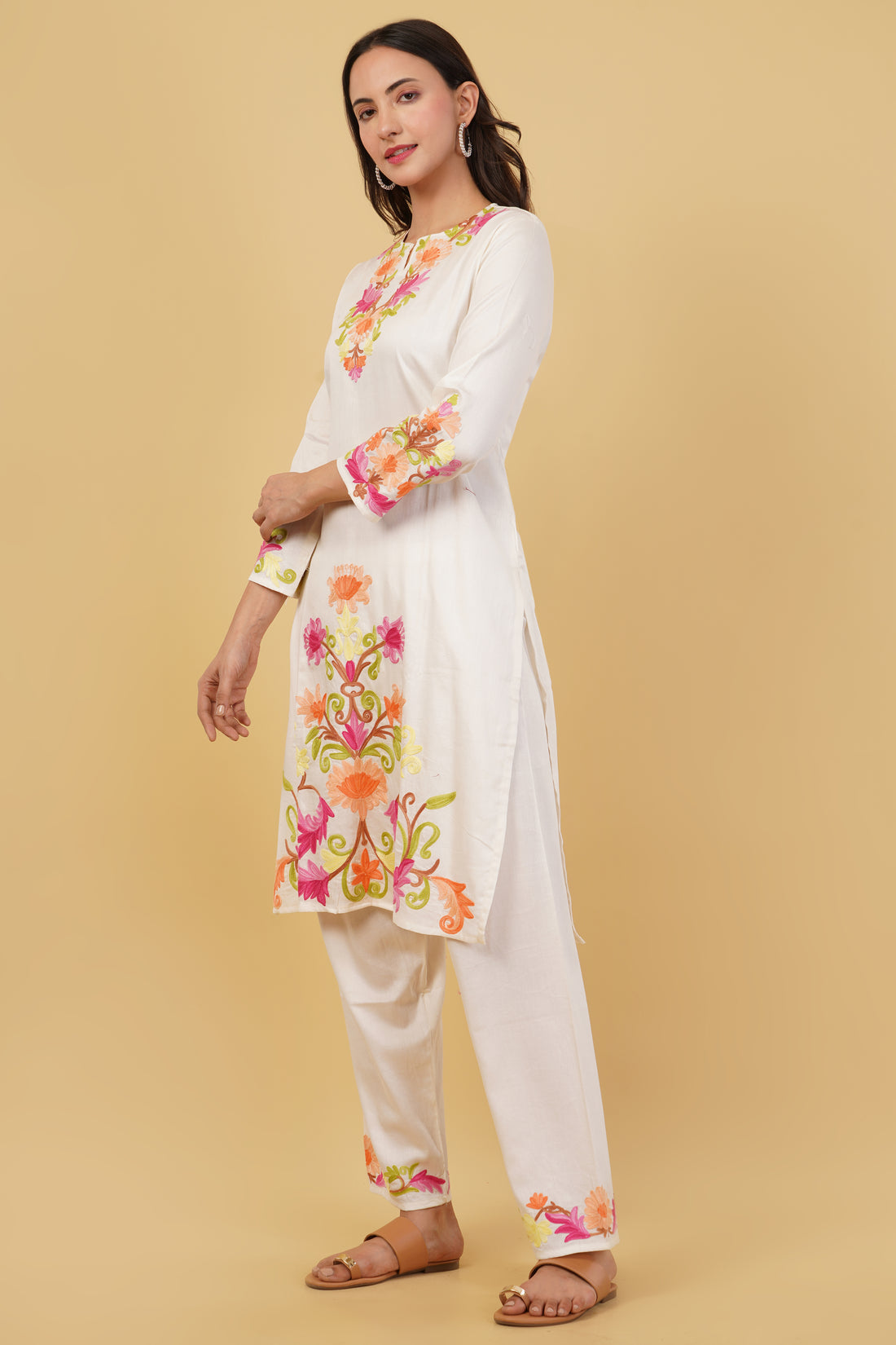 Kashmiri Aari embroidery Jaam Cotton Co-ord set Size-38 (White)