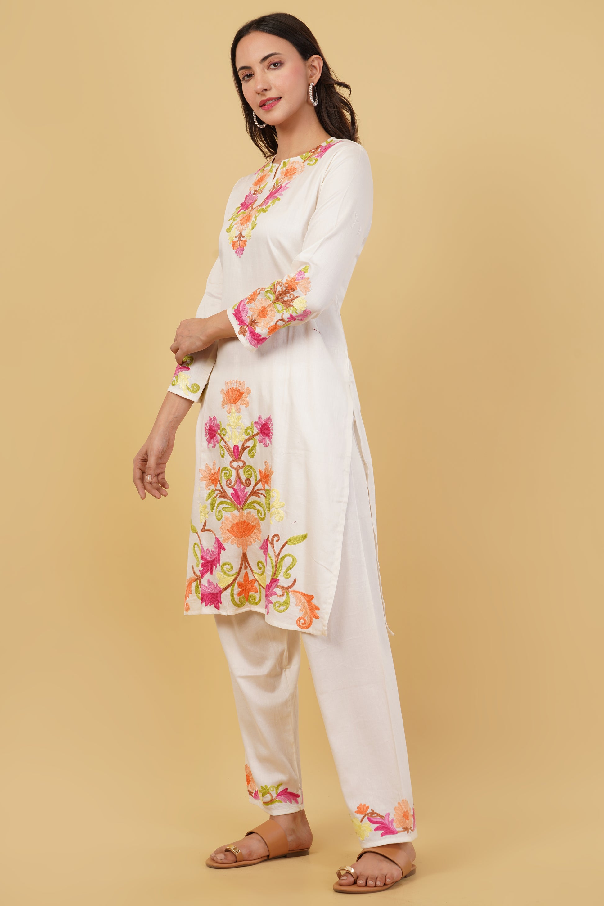 Kashmiri Aari embroidery Jaam Cotton Co-ord set Size-38 (White)