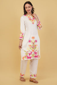 Kashmiri Aari embroidery Jaam Cotton Co-ord set Size-38 (White)
