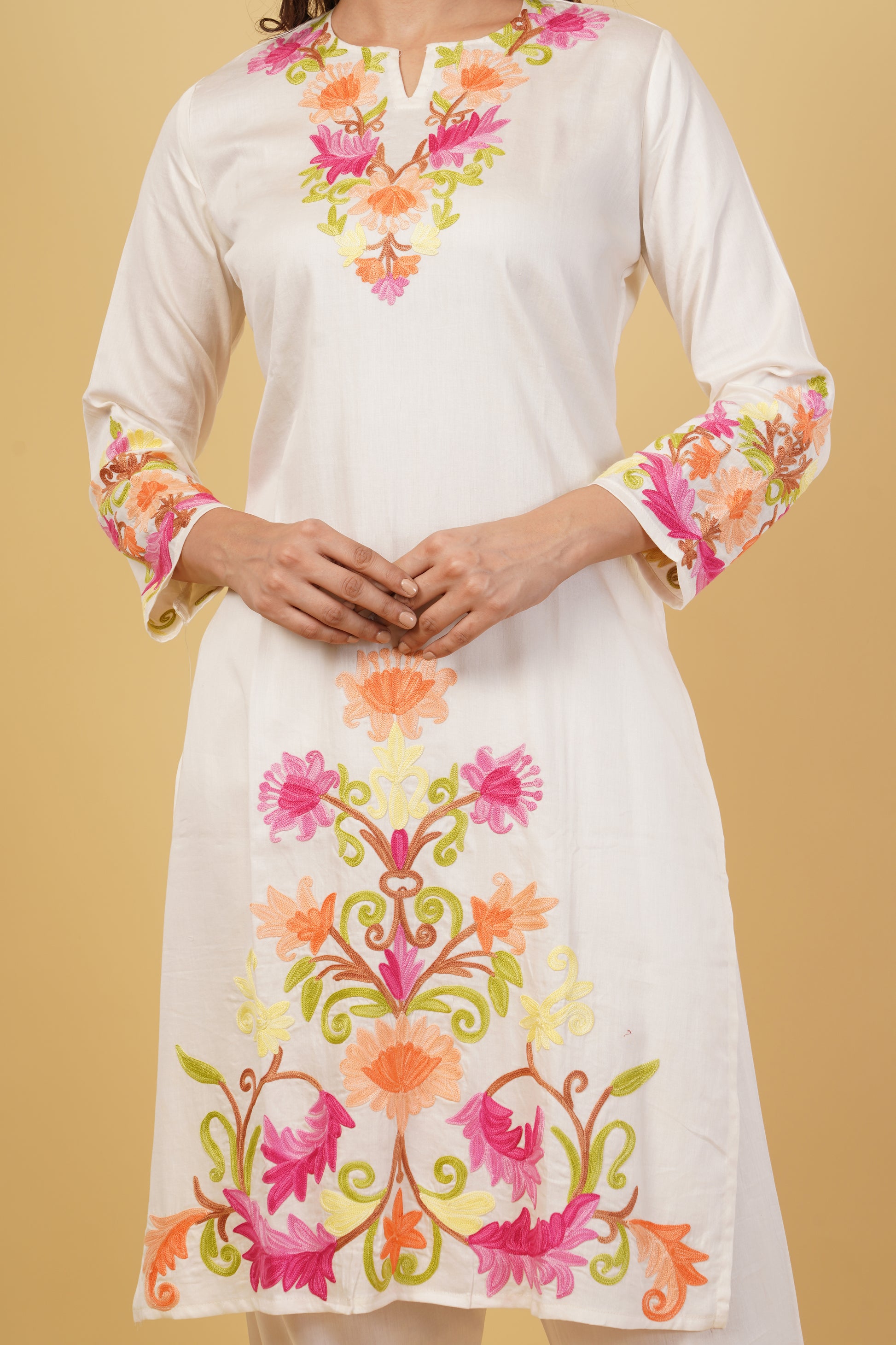 Kashmiri Aari embroidery Jaam Cotton Co-ord set Size-38 (White)
