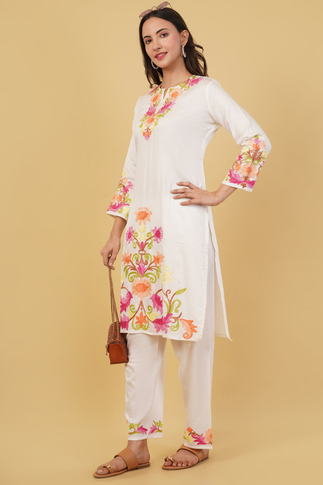 Kashmiri Aari embroidery Jaam Cotton Co-ord set Size-38 (White)