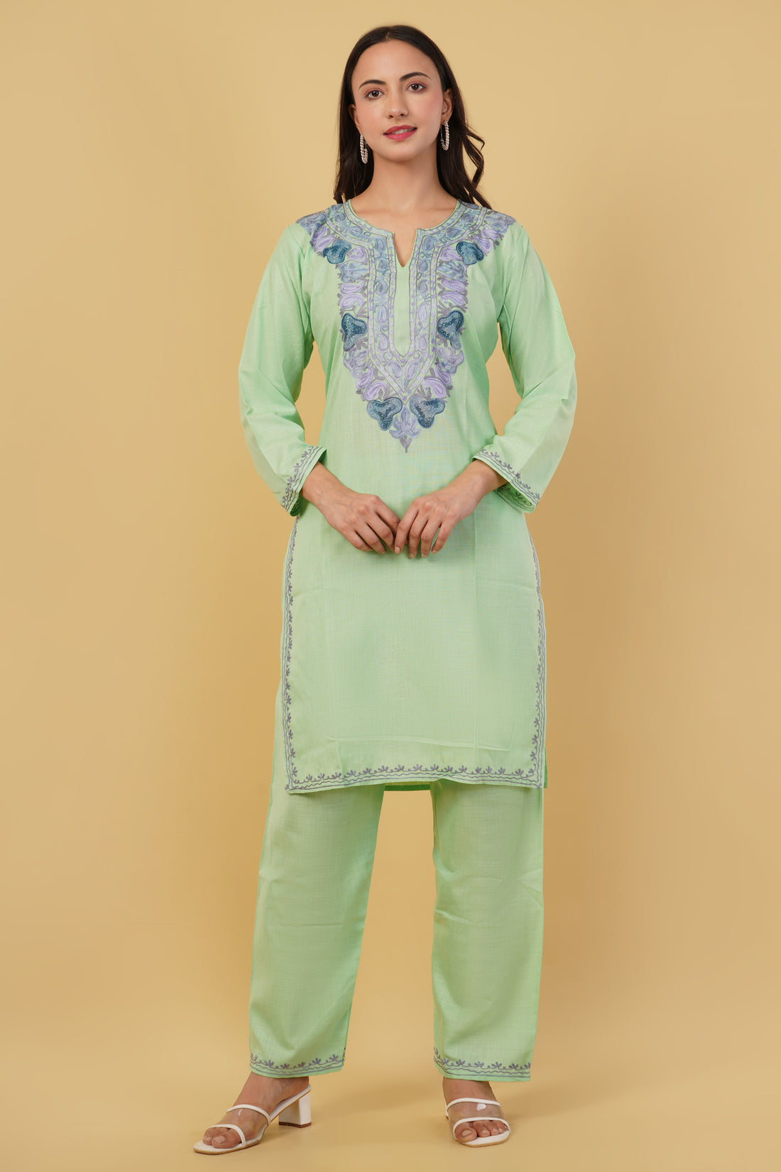 Kashmiri Aari embroidery Cotton Co-ord set Size-38 (Green)