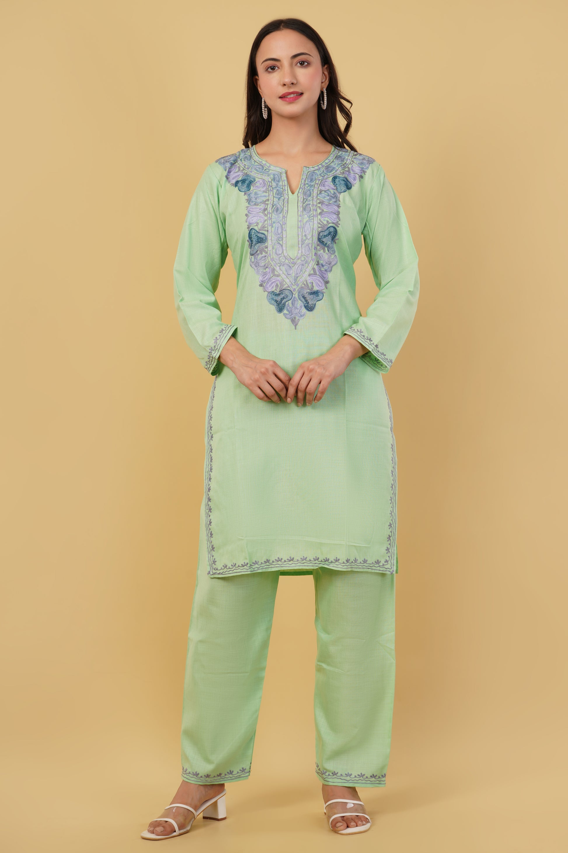 Kashmiri Aari embroidery Cotton Co-ord set Size-38 (Green)