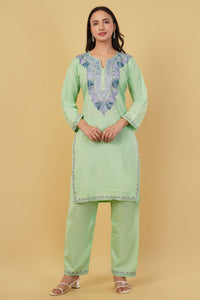 Kashmiri Aari embroidery Cotton Co-ord set Size-38 (Green)