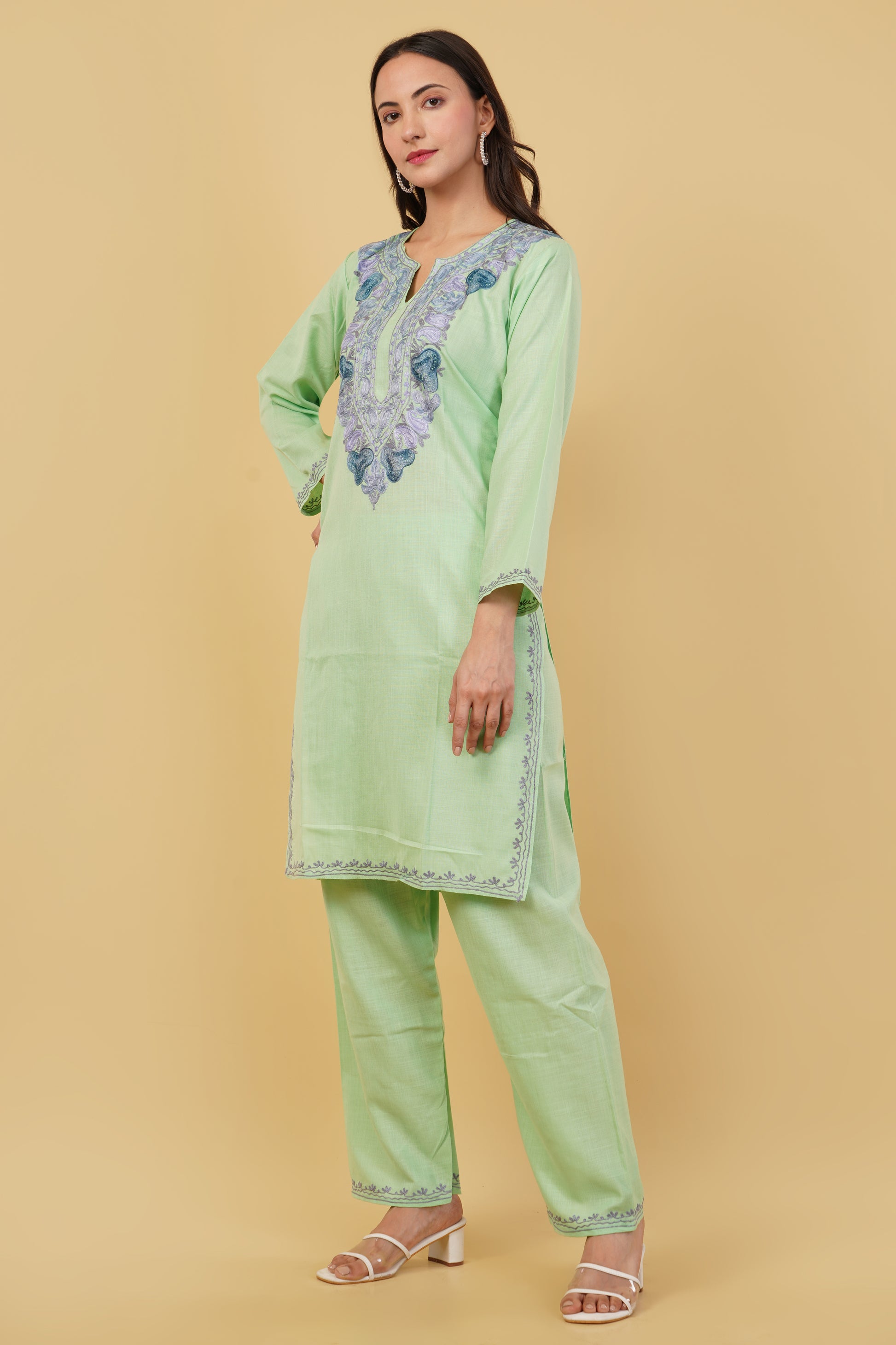 Kashmiri Aari embroidery Cotton Co-ord set Size-38 (Green)