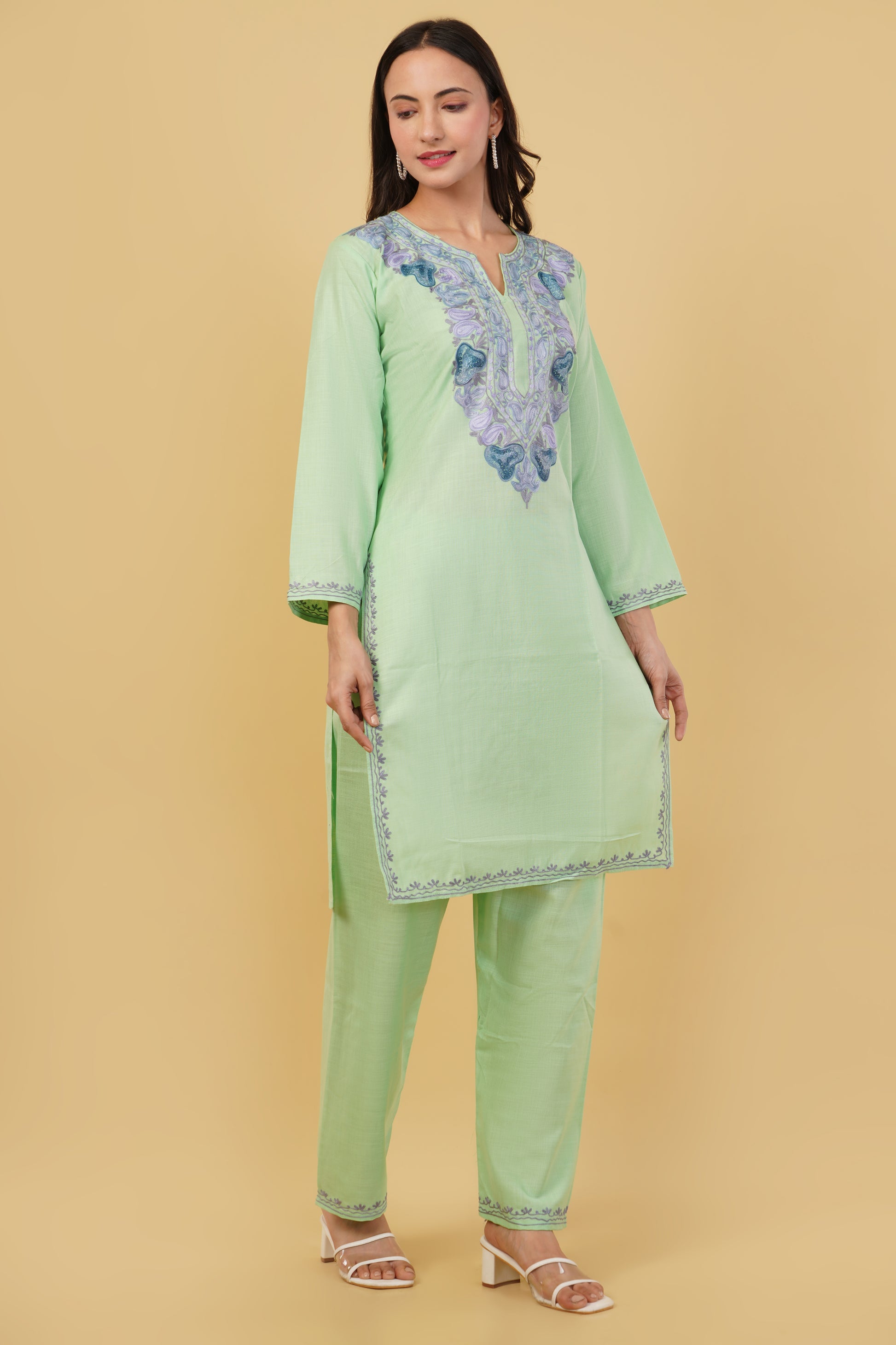 Kashmiri Aari embroidery Cotton Co-ord set Size-38 (Green)