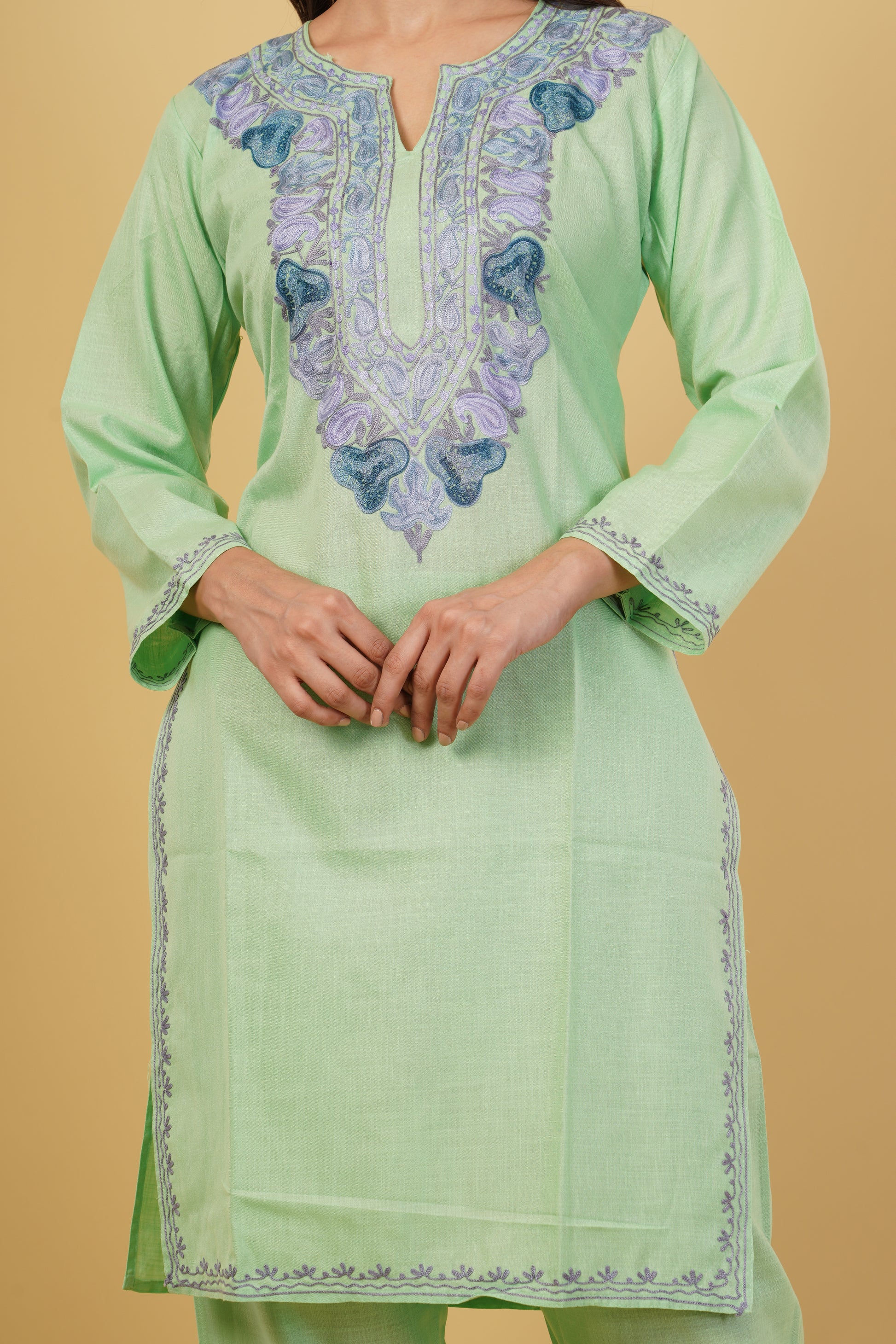 Kashmiri Aari embroidery Cotton Co-ord set Size-38 (Green)