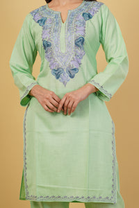 Kashmiri Aari embroidery Cotton Co-ord set Size-38 (Green)