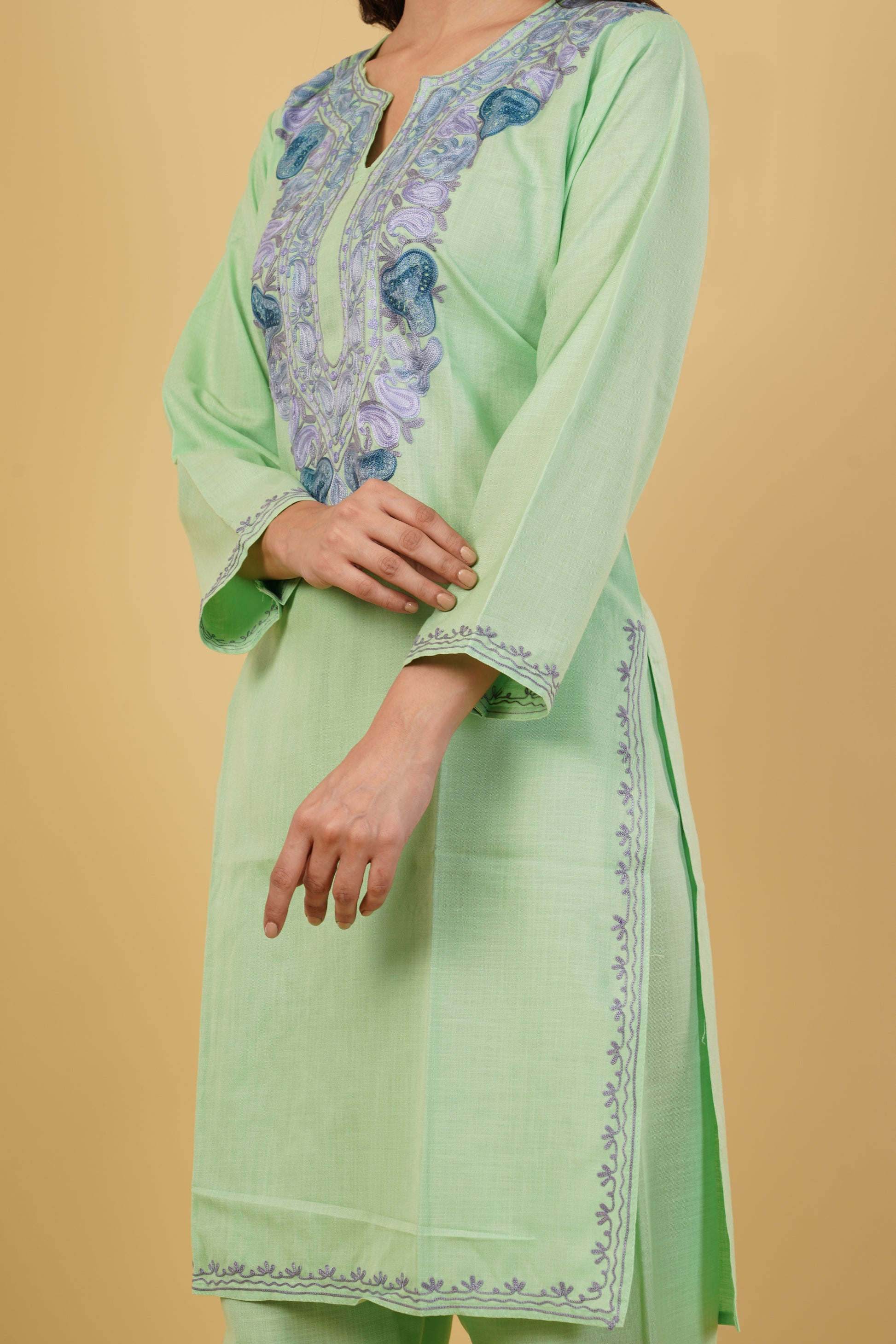 Kashmiri Aari embroidery Cotton Co-ord set Size-38 (Green)