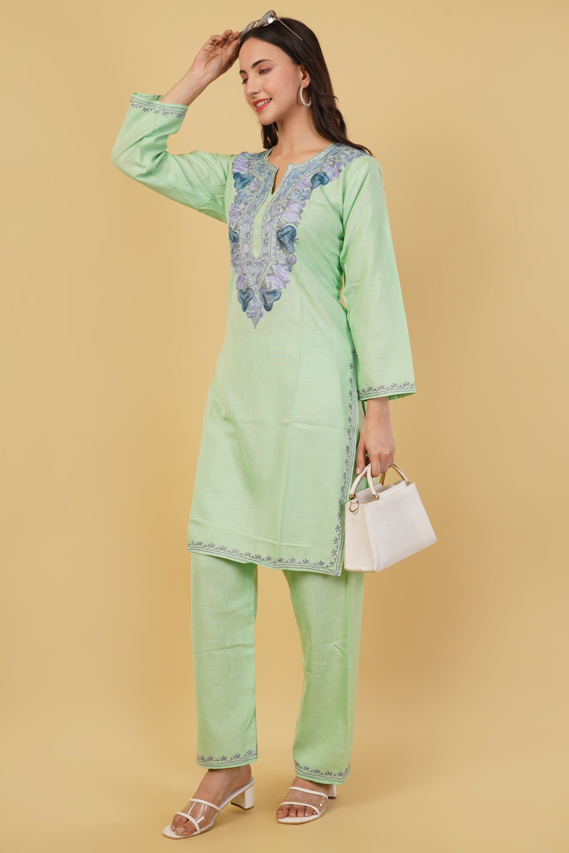Kashmiri Aari embroidery Cotton Co-ord set Size-38 (Green)