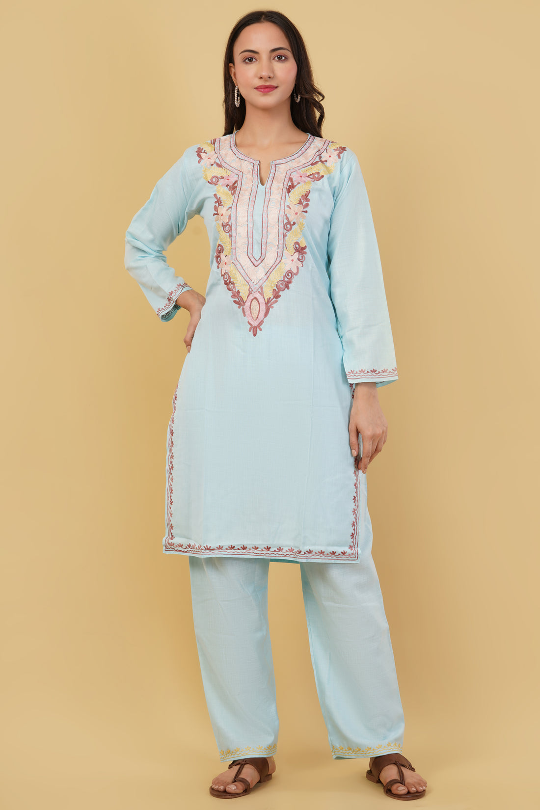 Kashmiri Aari embroidery Cotton Co-ord set Size-38 (Sky Blue)