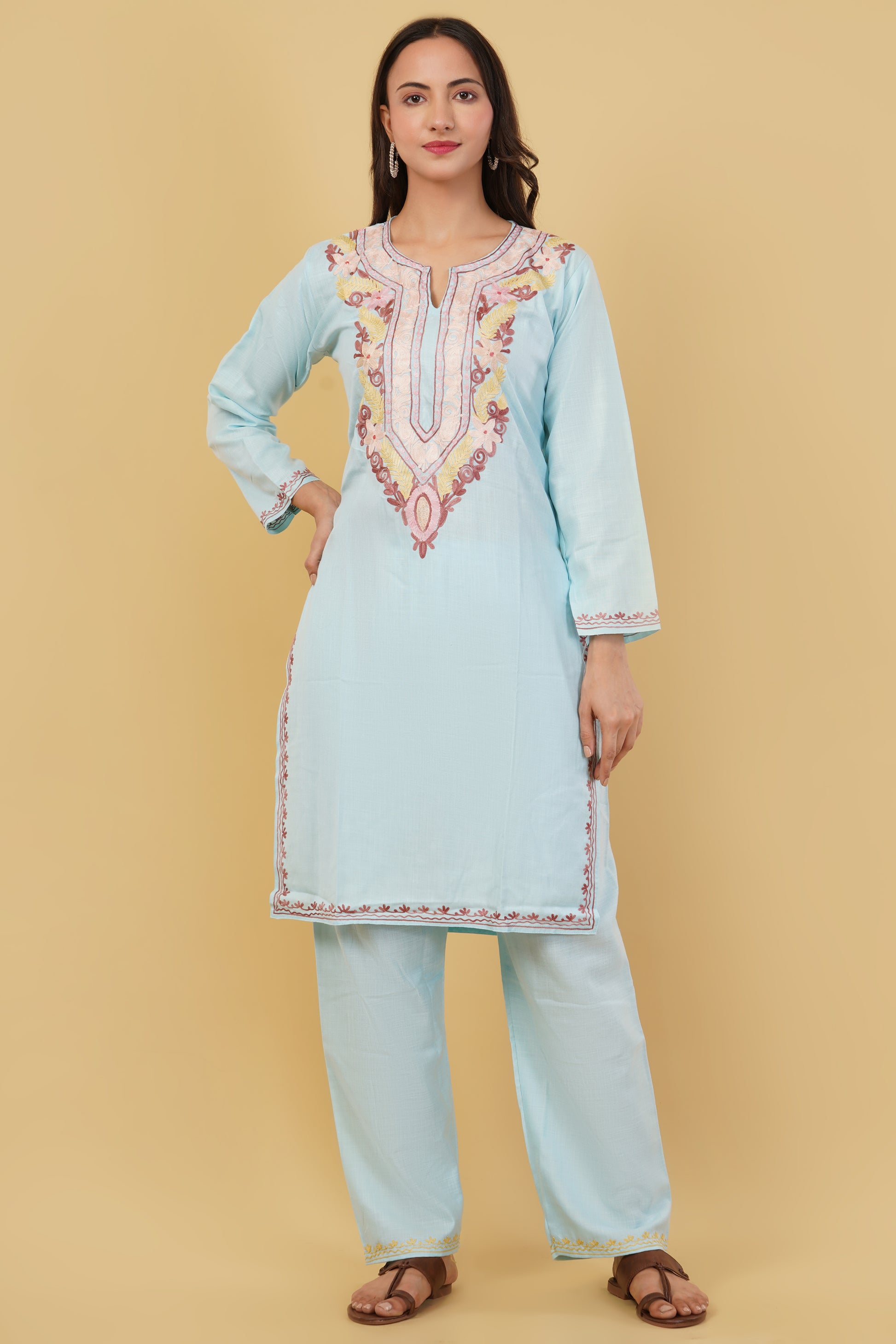 Kashmiri Aari embroidery Cotton Co-ord set Size-38 (Sky Blue)
