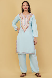 Kashmiri Aari embroidery Cotton Co-ord set Size-38 (Sky Blue)
