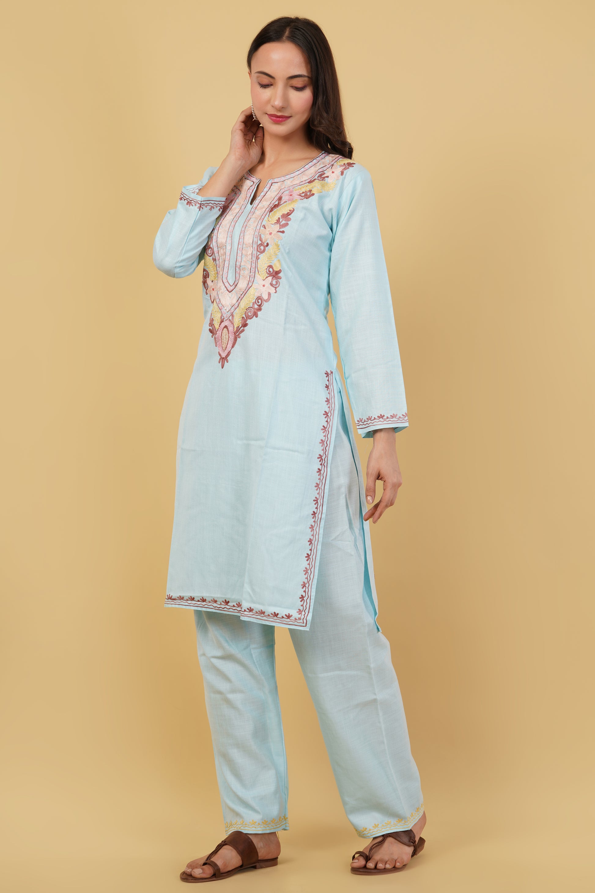 Kashmiri Aari embroidery Cotton Co-ord set Size-38 (Sky Blue)