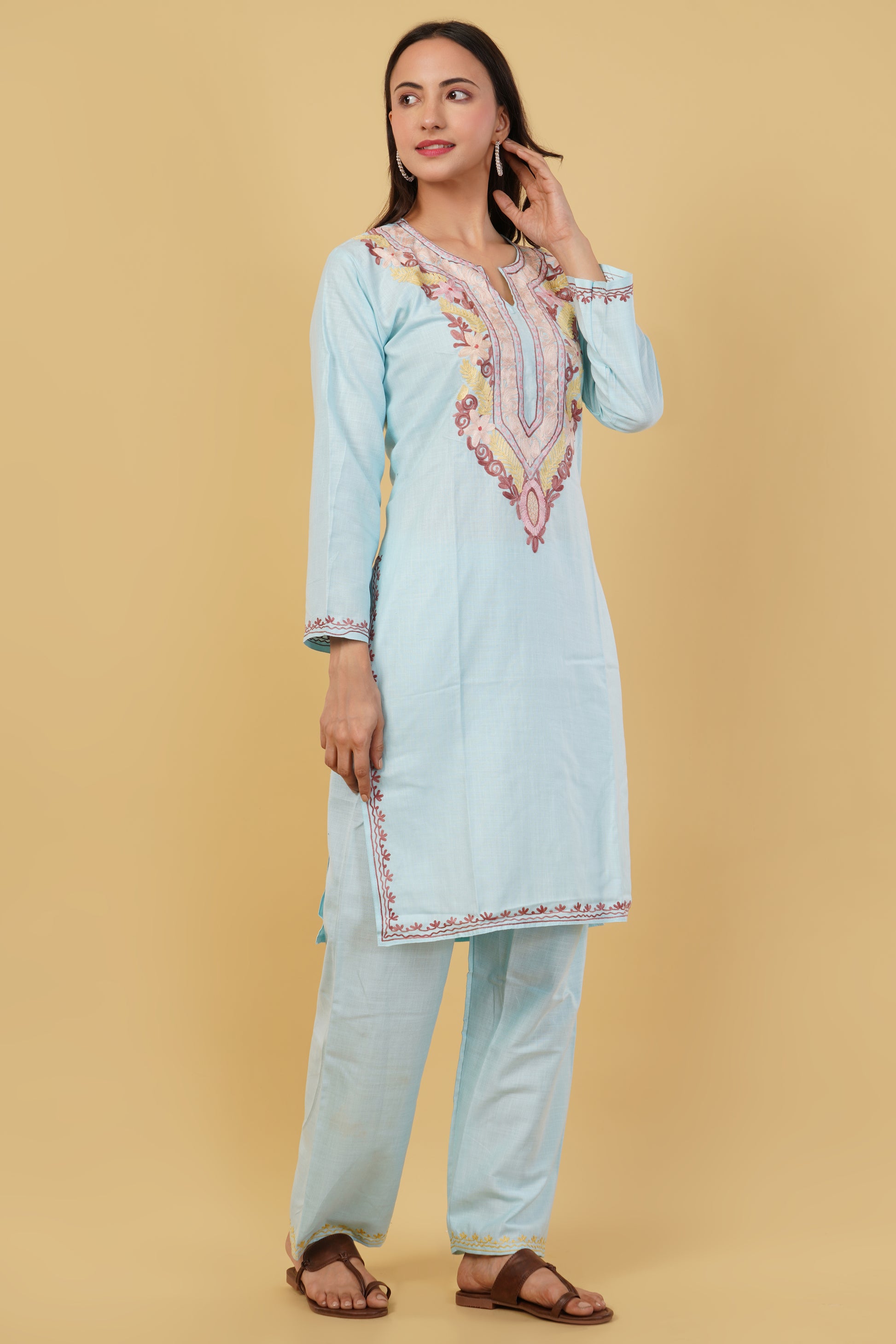 Kashmiri Aari embroidery Cotton Co-ord set Size-38 (Sky Blue)