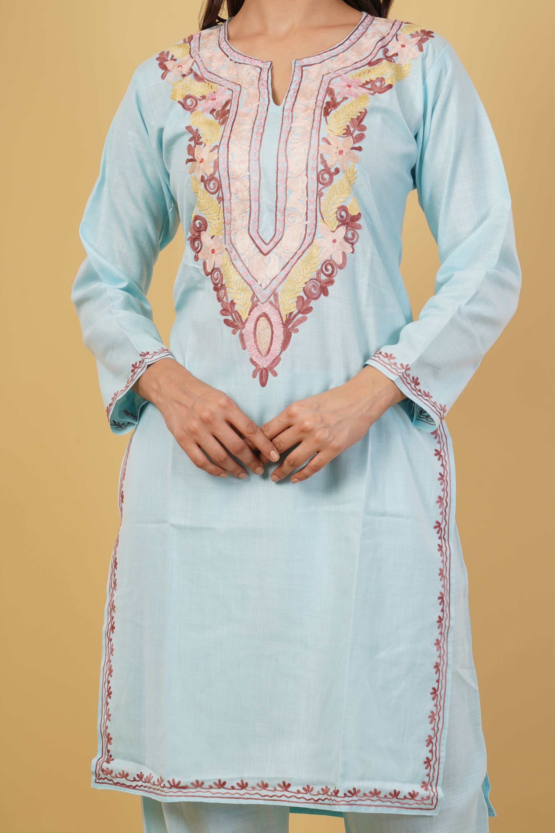 Kashmiri Aari embroidery Cotton Co-ord set Size-38 (Sky Blue)