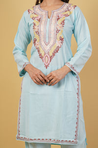 Kashmiri Aari embroidery Cotton Co-ord set Size-38 (Sky Blue)