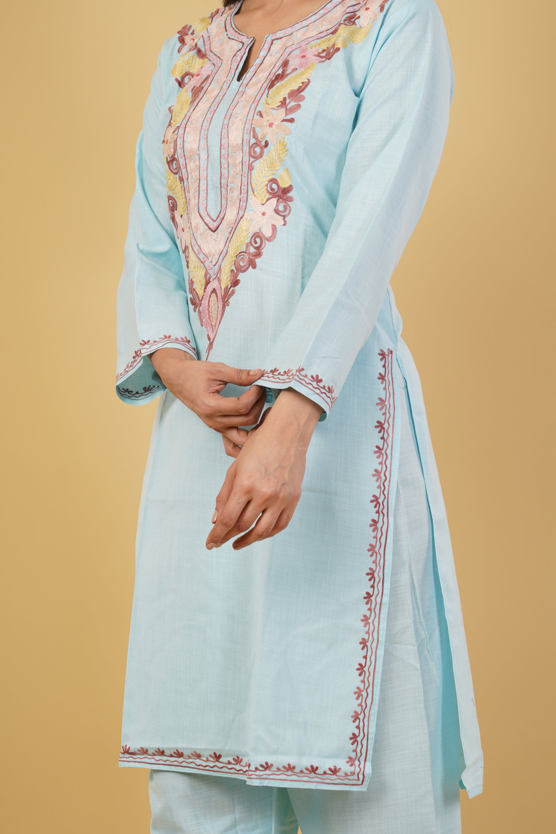 Kashmiri Aari embroidery Cotton Co-ord set Size-38 (Sky Blue)