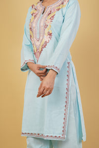 Kashmiri Aari embroidery Cotton Co-ord set Size-38 (Sky Blue)