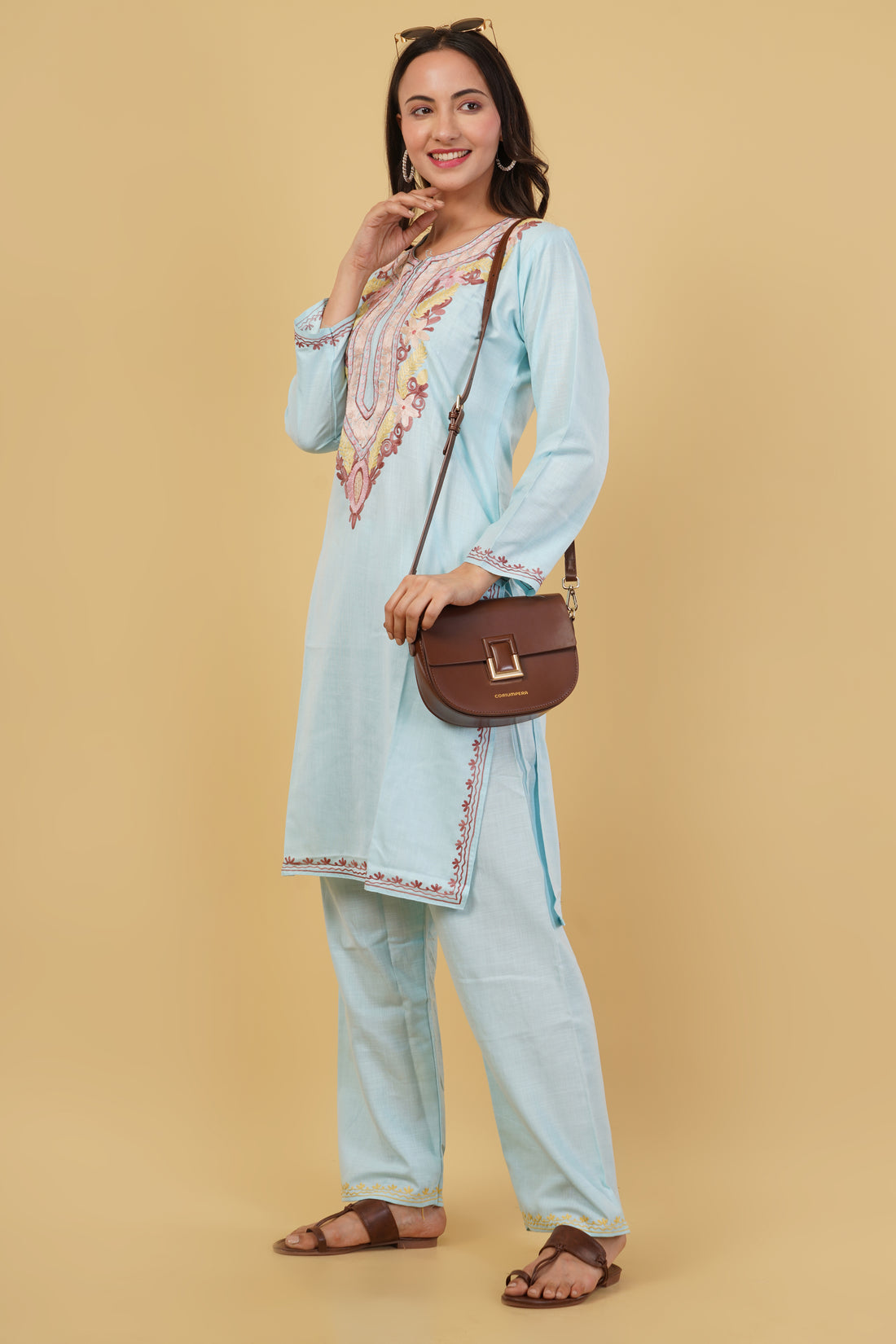 Kashmiri Aari embroidery Cotton Co-ord set Size-38 (Sky Blue)