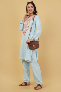 Kashmiri Aari embroidery Cotton Co-ord set Size-38 (Sky Blue)