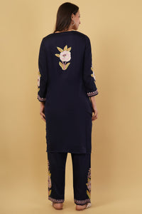 Kashmiri Aari embroidery Jaam Cotton Co-ord set Size-40 (Navy Blue)