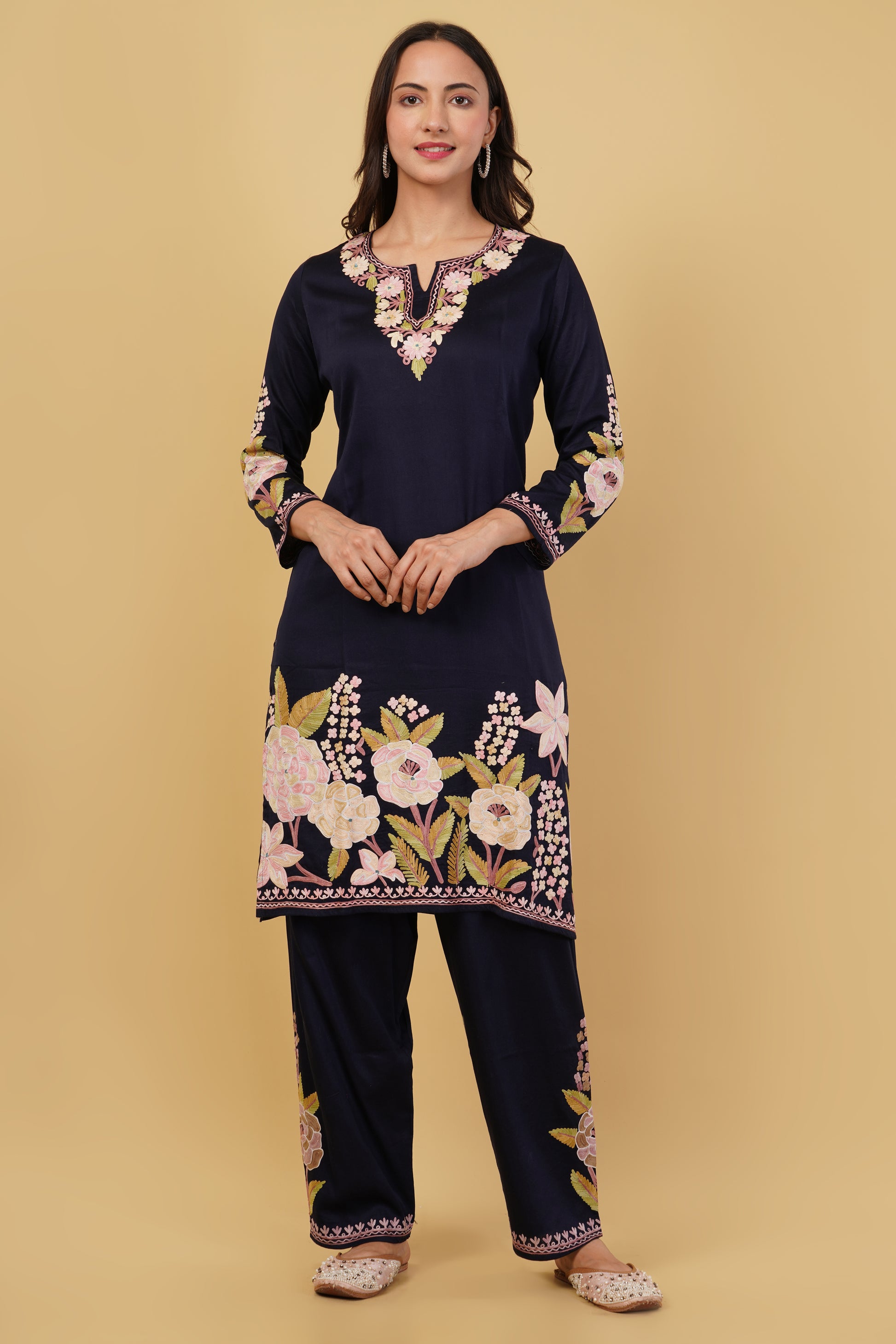 Kashmiri Aari embroidery Jaam Cotton Co-ord set Size-40 (Navy Blue)