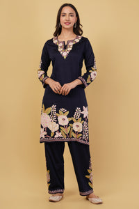 Kashmiri Aari embroidery Jaam Cotton Co-ord set Size-40 (Navy Blue)