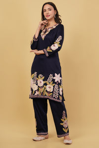 Kashmiri Aari embroidery Jaam Cotton Co-ord set Size-40 (Navy Blue)