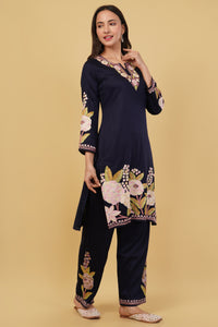 Kashmiri Aari embroidery Jaam Cotton Co-ord set Size-40 (Navy Blue)