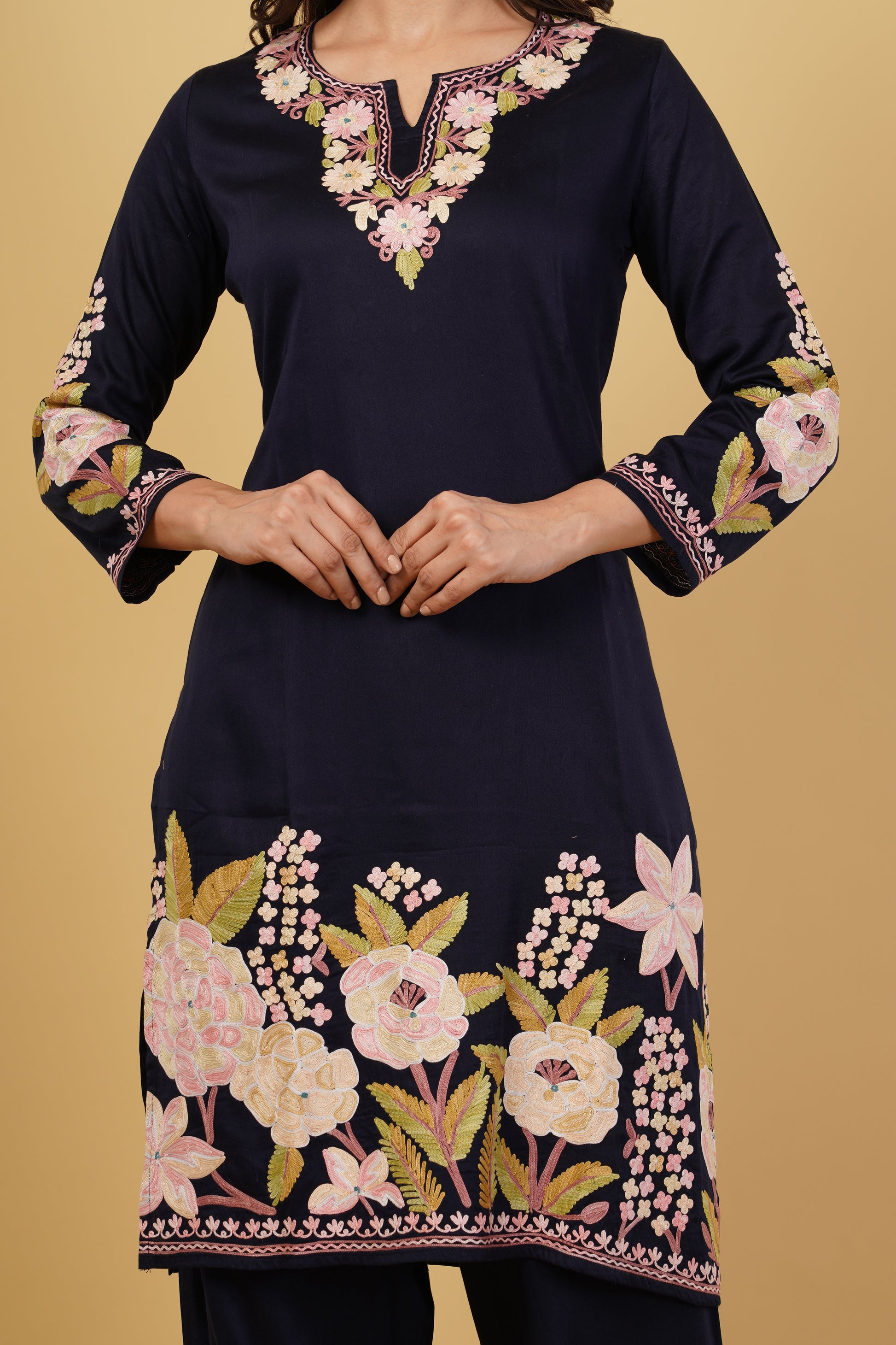 Kashmiri Aari embroidery Jaam Cotton Co-ord set Size-40 (Navy Blue)