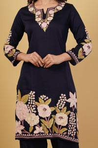 Kashmiri Aari embroidery Jaam Cotton Co-ord set Size-40 (Navy Blue)