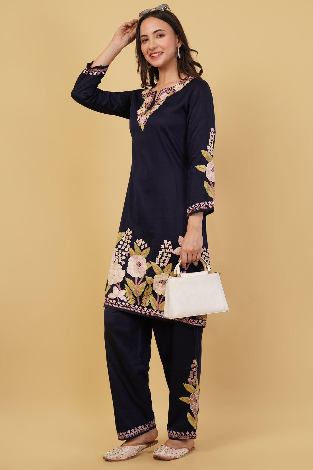 Kashmiri Aari embroidery Jaam Cotton Co-ord set Size-40 (Navy Blue)