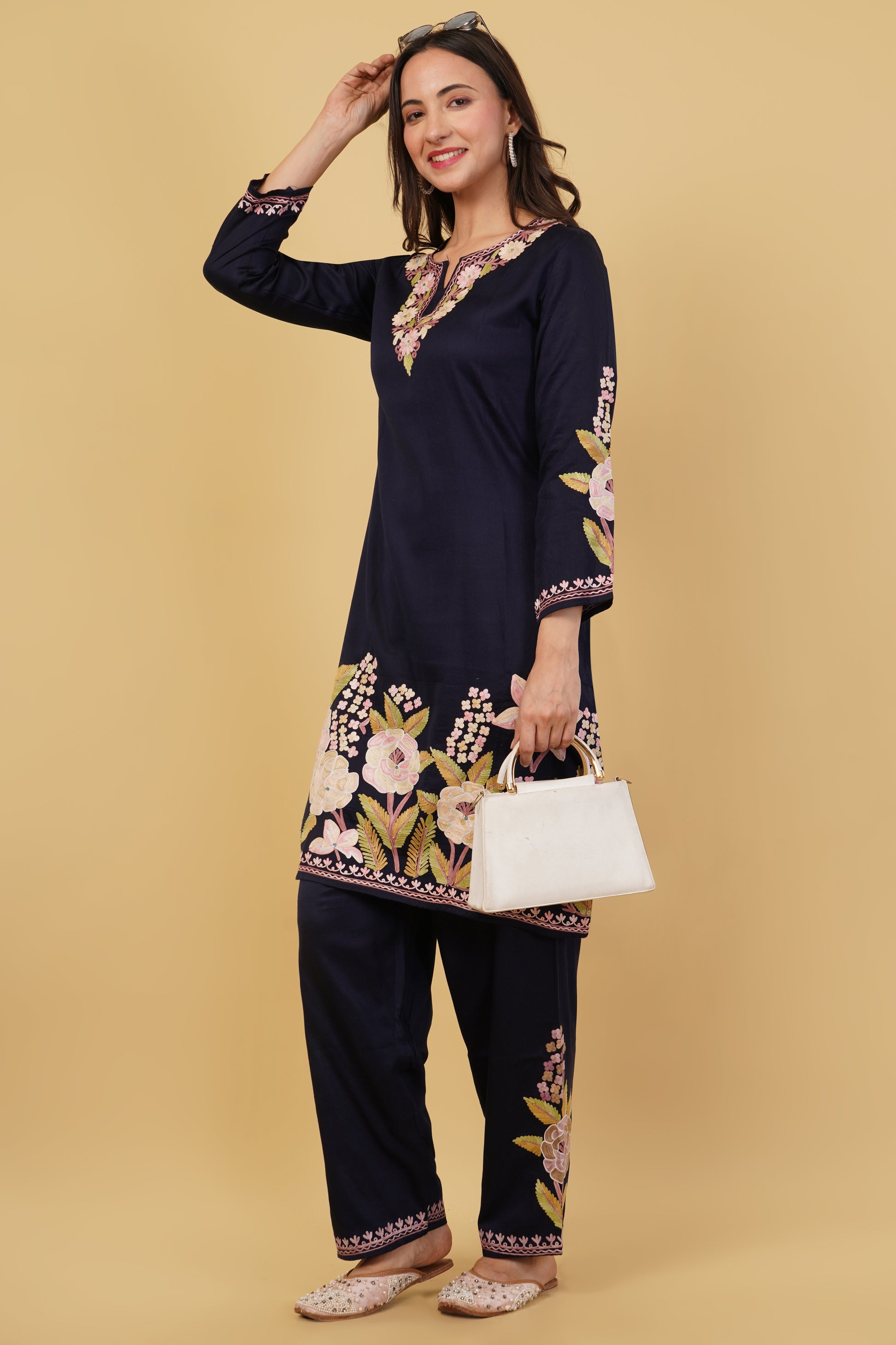Kashmiri Aari embroidery Jaam Cotton Co-ord set Size-40 (Navy Blue)