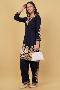 Kashmiri Aari embroidery Jaam Cotton Co-ord set Size-40 (Navy Blue)