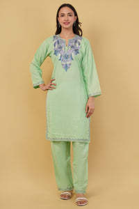 Kashmiri Aari embroidery Cotton Co-ord set Size-38 (Green)