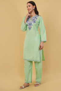 Kashmiri Aari embroidery Cotton Co-ord set Size-38 (Green)